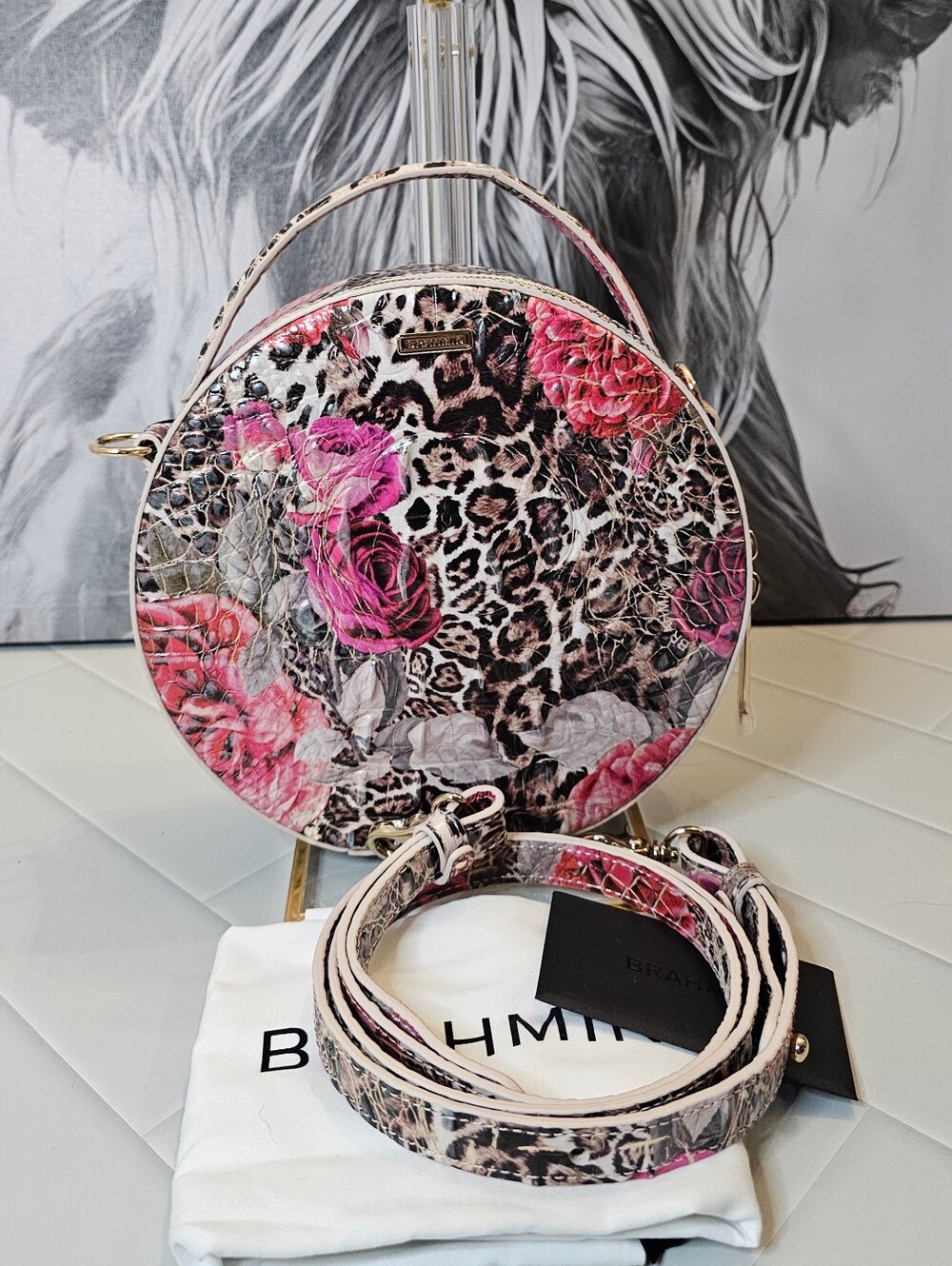 NWT Brahmin Lane Ermine Floral Melbourne Leopard Rose Leather Crossbody